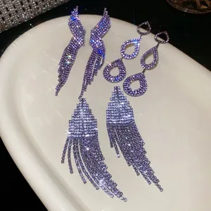Purple Rhinestone Long Tassel Dangle Earrings For Women With 925 Sterling Silver Earring Post Waterdrop Wing Jewelry