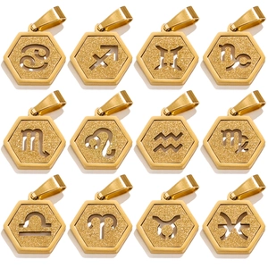 Stainless Steel Hexagon Zodiac Pendant 18K Gold Plated Frosted Hollow Twelve Zodiac Sign Symbol Charms For Jewelry Making DIY