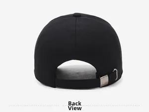 Rear view of a black baseball cap featuring an adjustable metal buckle and cotton texture