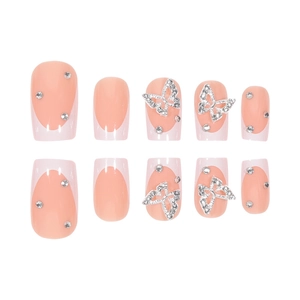 French white tipped press-on nails with 3D silver butterflies and sparkling rhinestones