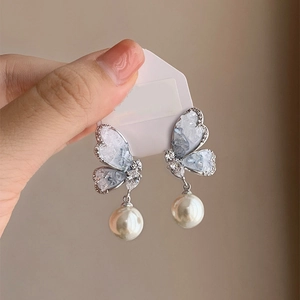 Butterfly Drop Earrings With Artificial Pearl Dangle Alloy Crystal Gradient Wings And 925 Sterling Silver Earring Post For Women