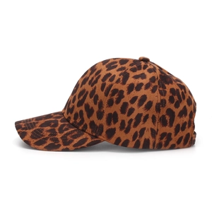 Detail showing high-quality leopard print texture and stitching on a baseball cap