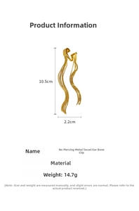 Detail view of gold tassel ear bone cuff showing dimensions of 10.5cm by 2.2cm in size