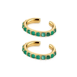 Gold-plated ear cuffs with green zirconia stones in a minimalist C-shaped design