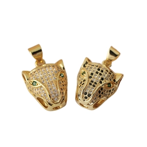 Golden leopard head pendants with clear and green cubic zirconia for DIY jewelry making