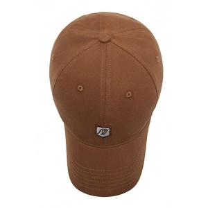 Classic caramel brown cotton baseball cap with embroidered shield logo on white background