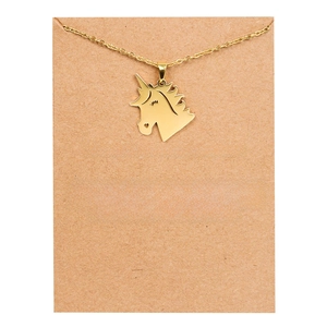 Golden unicorn pendant necklace on a classic gift card holder for women