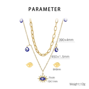 Paramètres de taille du kit de bijoux œil bleu avec résine dorée et chaînes multicouches