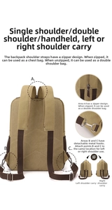 Detail of adjustable canvas backpack straps with zipper and metal hooks for versatile carry