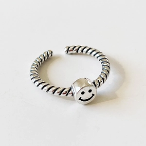 925 Sterling Silver Smiley Face Ring For Women Retro Antique Twisted Rope Adjustable Open Finger Jewelry
