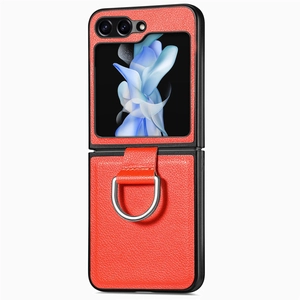 Detail view of red leather folding case with metal ring kickstand for Samsung Z Flip