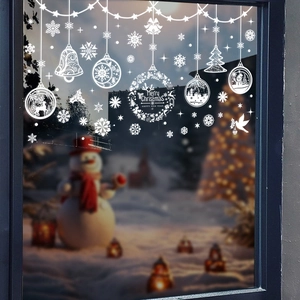 White Christmas snowflake window decals with reindeer and Merry Christmas lettering
