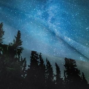 Vista macro del tessuto per arazzo foresta e cielo stellato con pieghe morbide e stampa
