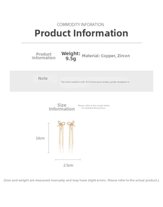 Size chart and details of 18k gold plated tassel bow earrings with cubic zirconia info