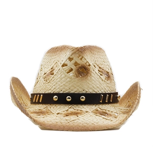 Close-up of woven straw cowboy hat with leather band and gold metallic studs detail