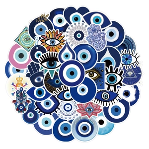 50 Pcs Mixed Evil Eye Stickers for Laptop and Skateboard with Blue and Pink Artistic Designs