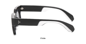 Side view of square thick frame sunglasses with iconic triple metal rivet detail