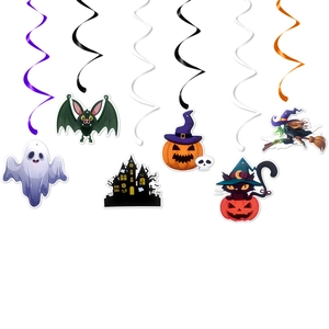 Halloween hanging swirl decorations featuring ghost, bat, and witch PVC pendants