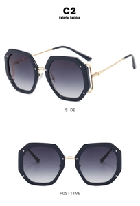 Detailed front and side views of oversized polygonal sunglasses with metal temples