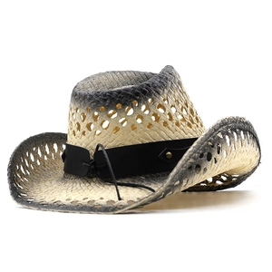 Hollow-out hand-woven straw cowboy hat with black gradient and studded leather band
