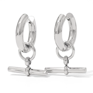 Polished silver stainless steel hoop earrings featuring minimalist T-bar geometric pendants