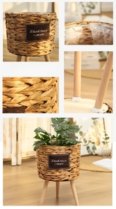 Close-up of woven straw planter with wooden legs, leather label and waterproof lining