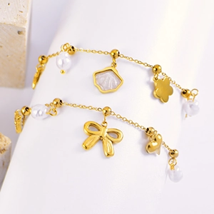 Roestvrij Stalen Armband Imitatie Kunstparel Strik Hart Schelp Zeester Bedeltjes Verguld Strand Stijl Sieraden Voor Dames