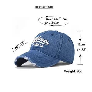 Size chart for washed denim baseball cap with California embroidery and measurements