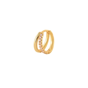 Detail of gold double-layered huggie earrings with pink pavé zircon crystals