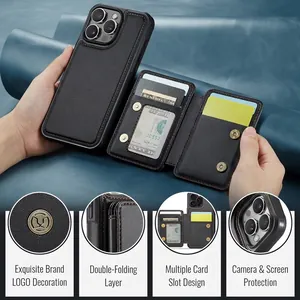 Close-up of black magnetic leather wallet case with double-folding card slot design