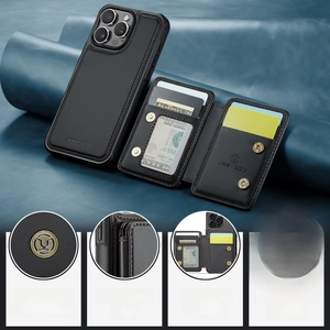 Close-up of black magnetic leather wallet case with double-folding card slot design