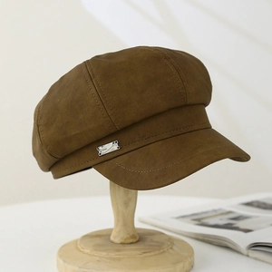 Classic dark brown leather newsboy cap for women with silver metal buckle detail