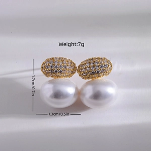Elegant French style oval pearl earrings with gold base and sparkling rhinestone inlay