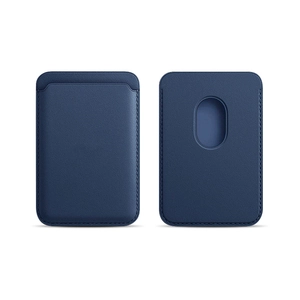 Detail view showing front and back of navy leather MagSafe wallet with precise stitching