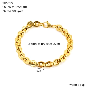 Close-up of chunky 18k gold plated 304 stainless steel chain bracelet with lobster clasp