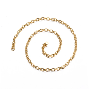 Detail of golden stainless steel O-link chain with secure lobster clasp on white background