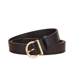 Close-up of black leather belt with a polished golden D-shaped buckle on white background