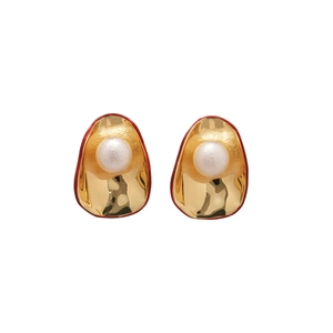 Vintage water drop pearl earrings with hammered gold metal and red enamel border