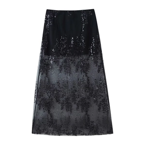 Jupe midi élégante en tulle noir à taille haute avec broderie de paillettes scintillantes