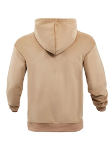 Detailed back view of khaki men's hoodie featuring textured waffle knit fabric design