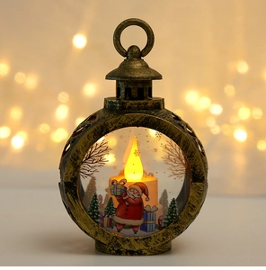 Macro shot of vintage bronze Christmas lantern with LED candle and Santa Claus pattern