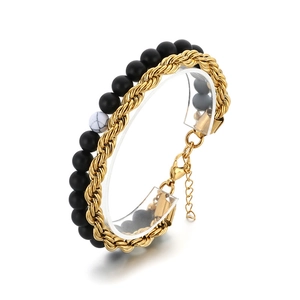 Double-layer men's bracelet with black matte beads and gold stainless steel twist chain