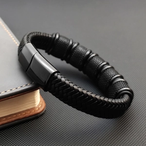 Handmade multilayer braided black leather bracelet with stainless steel magnetic clasp