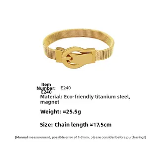 Close-up of golden belt buckle mesh bracelet made of 18k plated titanium steel and magnet