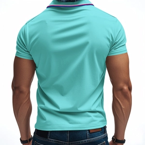 Back view of a slim-fit light blue polo shirt with tricolor stripes on the ribbed collar