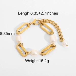 Gold stainless steel chain bracelet with white pearls and size specifications