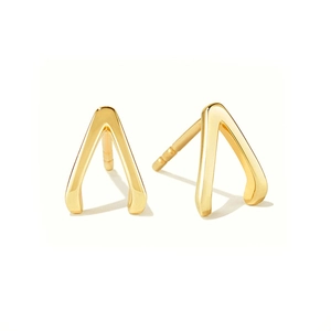 Detail view of V-shaped golden stud earrings with polished mirror finish and stud closure