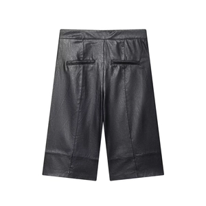 Black faux leather wide leg long casual shorts for women with mid-high waist design