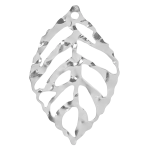 Detail of silver 304 stainless steel leaf pendant with textured hammer finish design