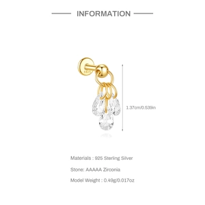 Detail view of S925 sterling silver drop earring with zirconia and size specifications